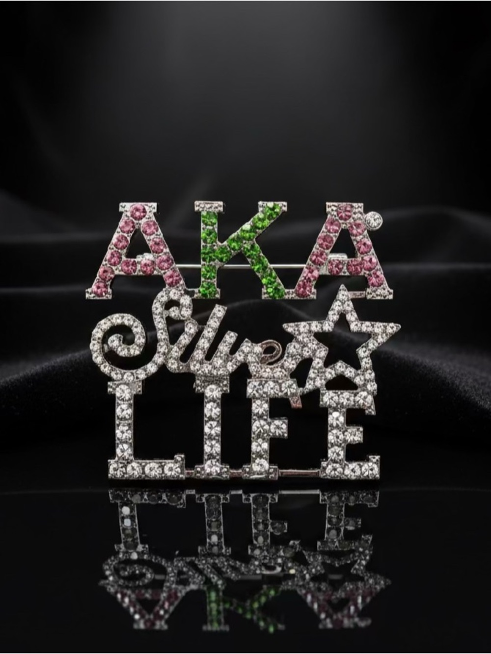 AKA Silver Life Rhinestone Brooch Pin - Pink & Green Accents